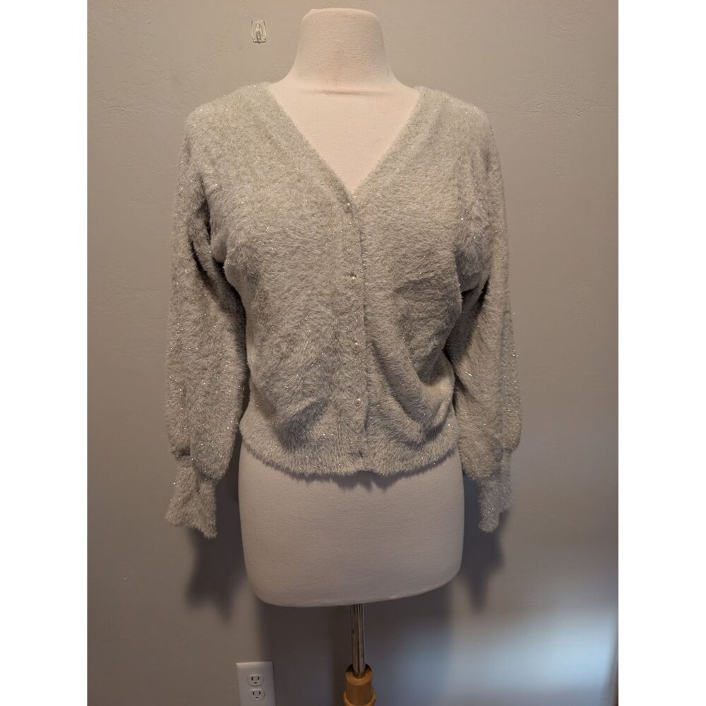ON 34TH Womens Sparkly Faux Fur Button Cardigan Sweater Small